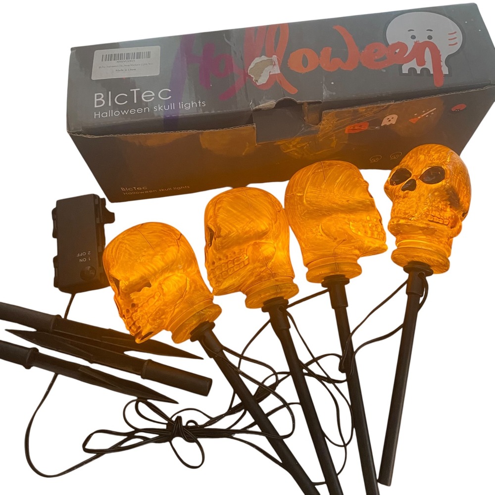 BlcTec Halloween Skull Lights Battery Operated Outdoor Pathway Markers Set of 4